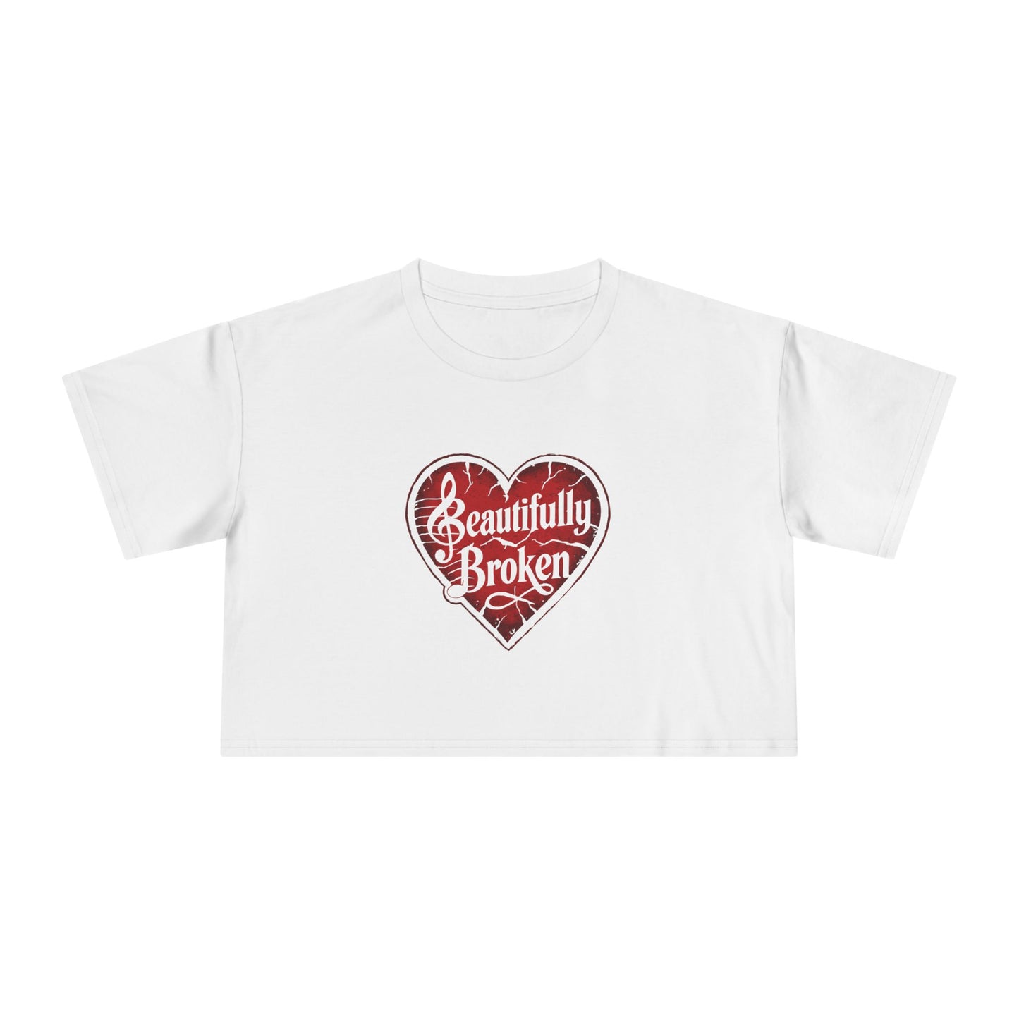 Beautifully Broken Women's Crop Tee, Casual Wear, Gift for Her, Summer Essential, Inspirational Fashion, Heart Graphics