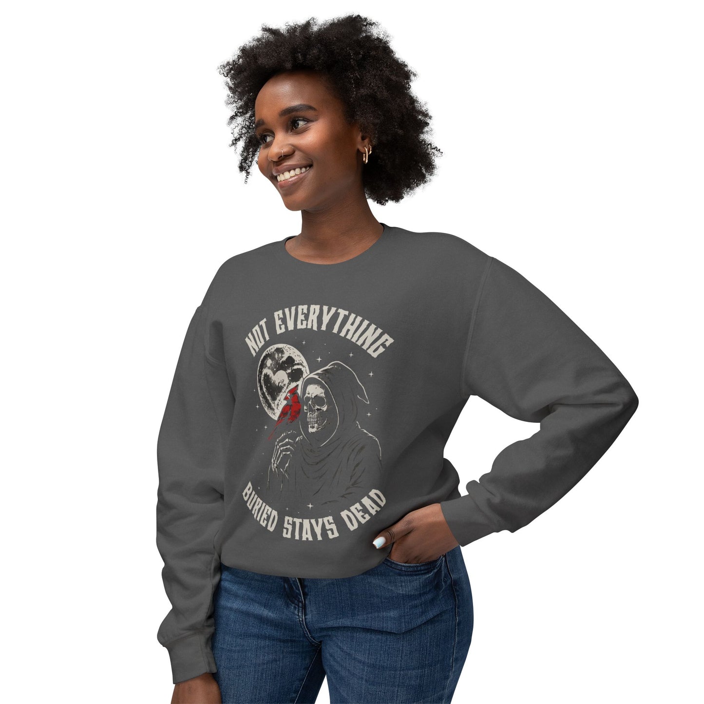 Not Everything Buried Stays Dead Unisex Lightweight Crewneck Sweatshirt — Dark Thriller-Inspired Statement Apparel
