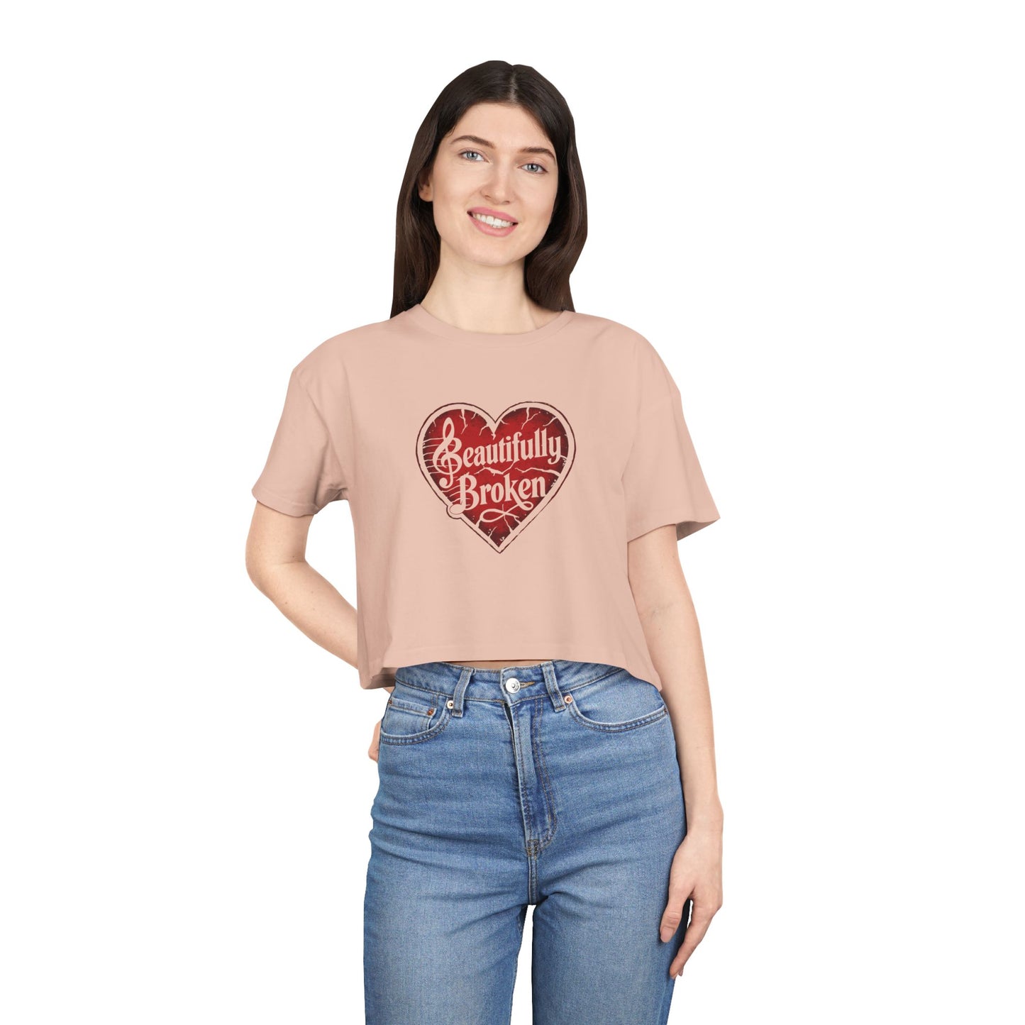 Beautifully Broken Women's Crop Tee, Casual Wear, Gift for Her, Summer Essential, Inspirational Fashion, Heart Graphics