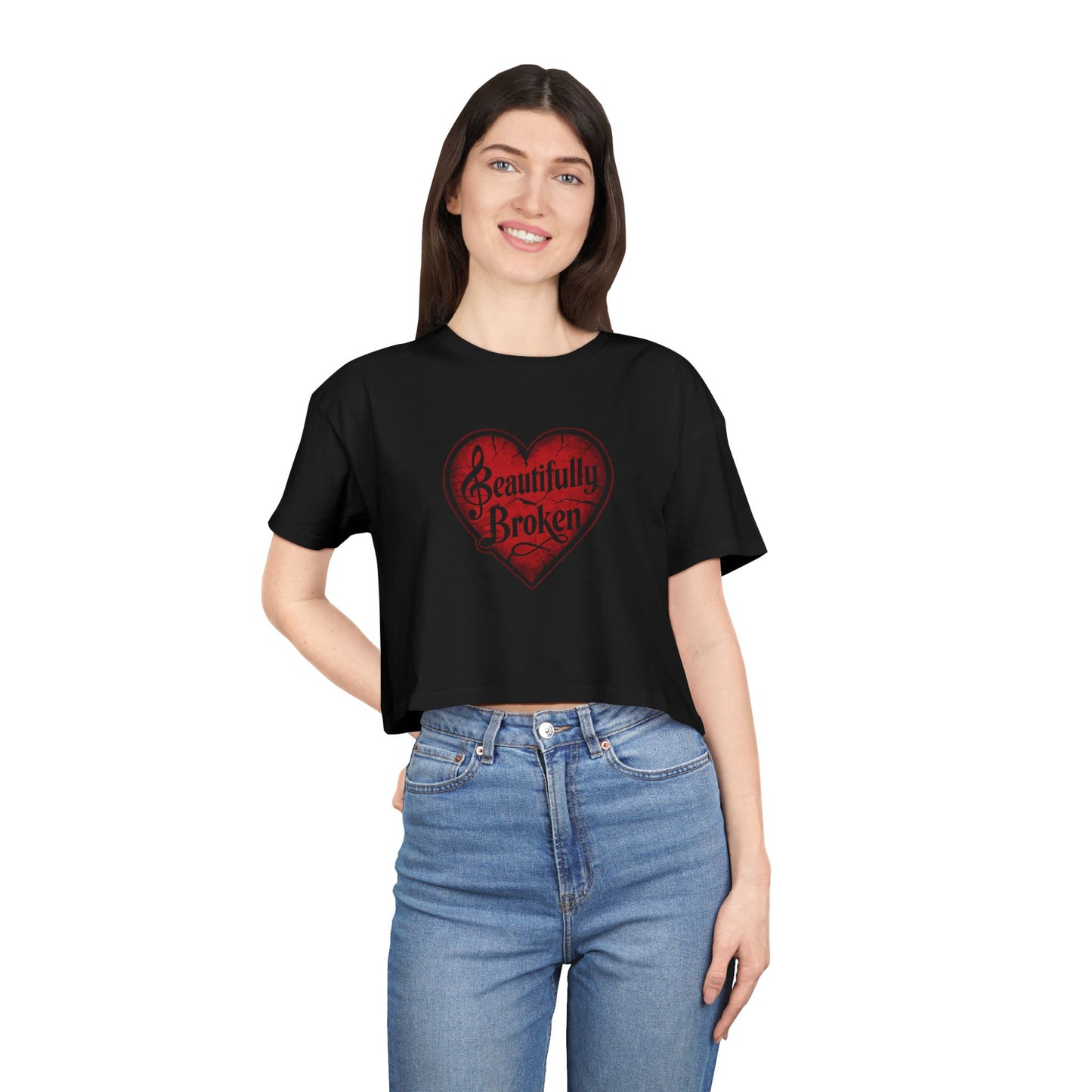 Beautifully Broken Women's Crop Tee, Casual Wear, Gift for Her, Summer Essential, Inspirational Fashion, Heart Graphics