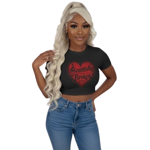 Beautifully Broken Women's Crop Tee, Casual Wear, Gift for Her, Summer Essential, Inspirational Fashion, Heart Graphics