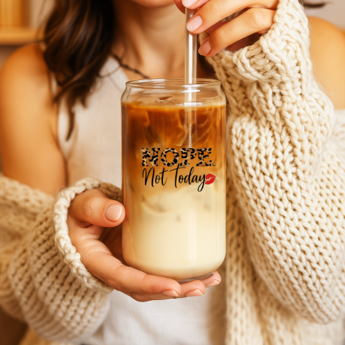 Nope. Not Today Cheetah Print Sipper Glass with Straw | 16oz Clear Glass Cup | Gift For Her