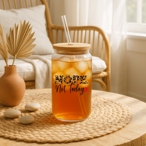 Nope. Not Today Cheetah Print Sipper Glass with Straw | 16oz Clear Glass Cup | Gift For Her