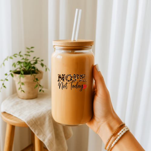 Nope. Not Today Cheetah Print Sipper Glass with Straw | 16oz Clear Glass Cup | Gift For Her