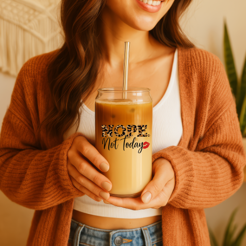 Nope. Not Today Cheetah Print Sipper Glass with Straw | 16oz Clear Glass Cup | Gift For Her