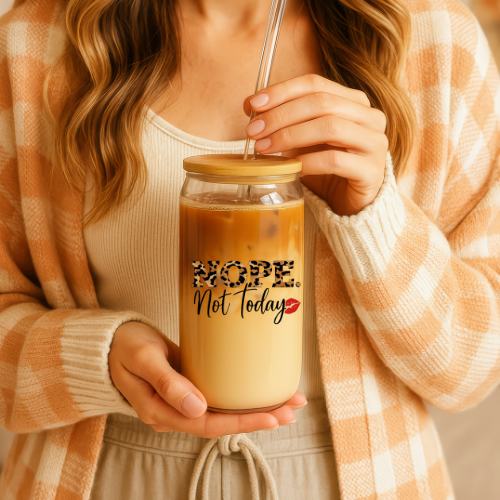 Nope. Not Today Cheetah Print Sipper Glass with Straw | 16oz Clear Glass Cup | Gift For Her