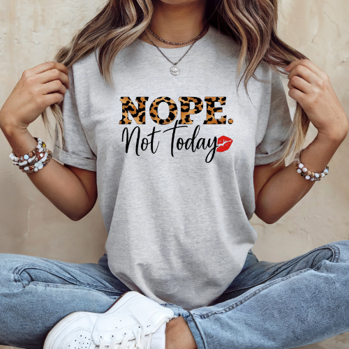 Nope Not Today Shirt with Cheetah Print & Red Lips | Casual Mood Shirt | Leopard Print T-Shirt