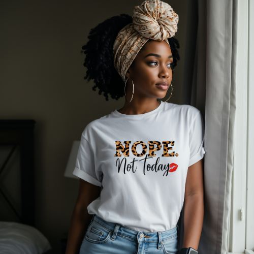 Nope Not Today Shirt with Cheetah Print & Red Lips | Casual Mood Shirt | Leopard Print T-Shirt