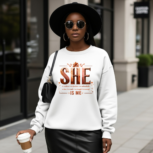 She Is Me Crewneck Sweatshirt | Empowering Feminine Quote Pullover