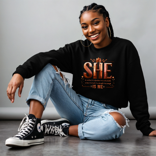 She Is Me Crewneck Sweatshirt | Empowering Feminine Quote Pullover