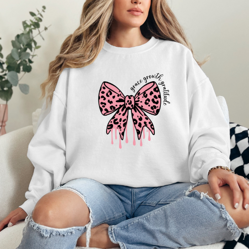 Pink Leopard Bow Grace, Growth, Gratitude Sweatshirt | Inspirational Sweatshirt | Women's Inspirational Sweatshirt