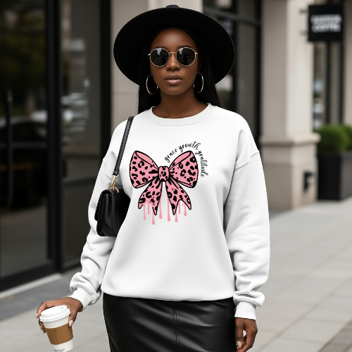 Pink Leopard Bow Grace, Growth, Gratitude Sweatshirt | Inspirational Sweatshirt | Women's Inspirational Sweatshirt