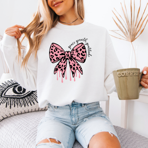 Pink Leopard Bow Grace, Growth, Gratitude Sweatshirt | Inspirational Sweatshirt | Women's Inspirational Sweatshirt