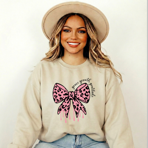Pink Leopard Bow Grace, Growth, Gratitude Sweatshirt | Inspirational Sweatshirt | Women's Inspirational Sweatshirt
