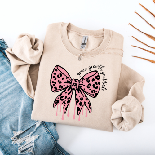 Pink Leopard Bow Grace, Growth, Gratitude Sweatshirt | Inspirational Sweatshirt | Women's Inspirational Sweatshirt