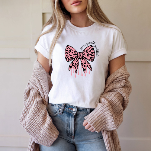 Grace, Growth, Gratitude Tee | Inspirational Graphic T-Shirt | Pink Leopard Bow Tee