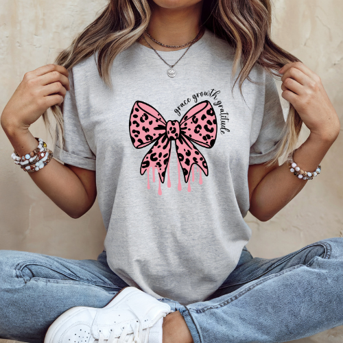 Grace, Growth, Gratitude Tee | Inspirational Graphic T-Shirt | Pink Leopard Bow Tee