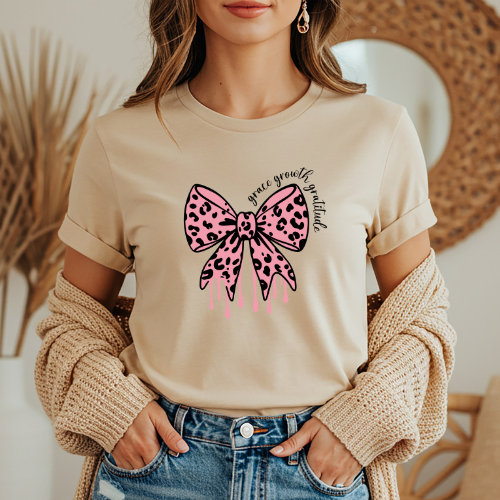 Grace, Growth, Gratitude Tee | Inspirational Graphic T-Shirt | Pink Leopard Bow Tee