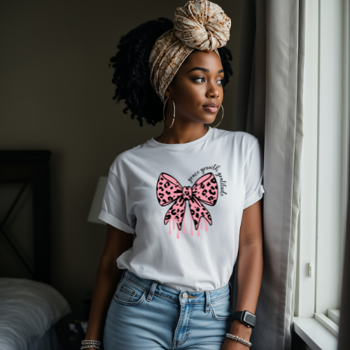 Grace, Growth, Gratitude Tee | Inspirational Graphic T-Shirt | Pink Leopard Bow Tee