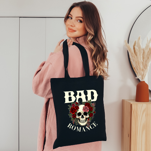 Bad Romance Skull Tote Bag | Gothic Rose Canvas Shopper