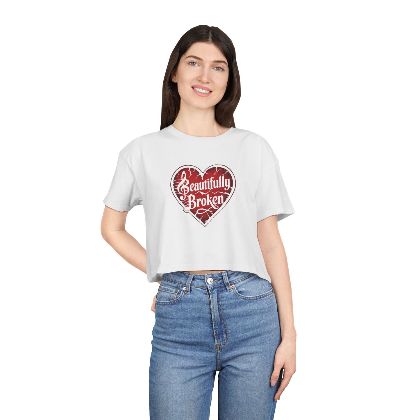 Beautifully Broken Women's Crop Tee, Casual Wear, Gift for Her, Summer Essential, Inspirational Fashion, Heart Graphics