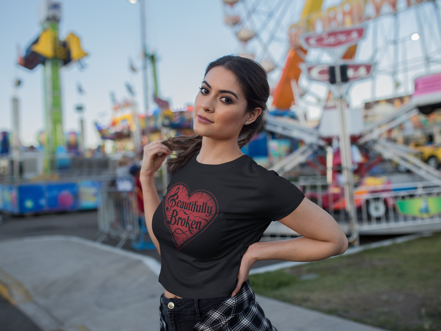 Beautifully Broken Women's Crop Tee, Casual Wear, Gift for Her, Summer Essential, Inspirational Fashion, Heart Graphics