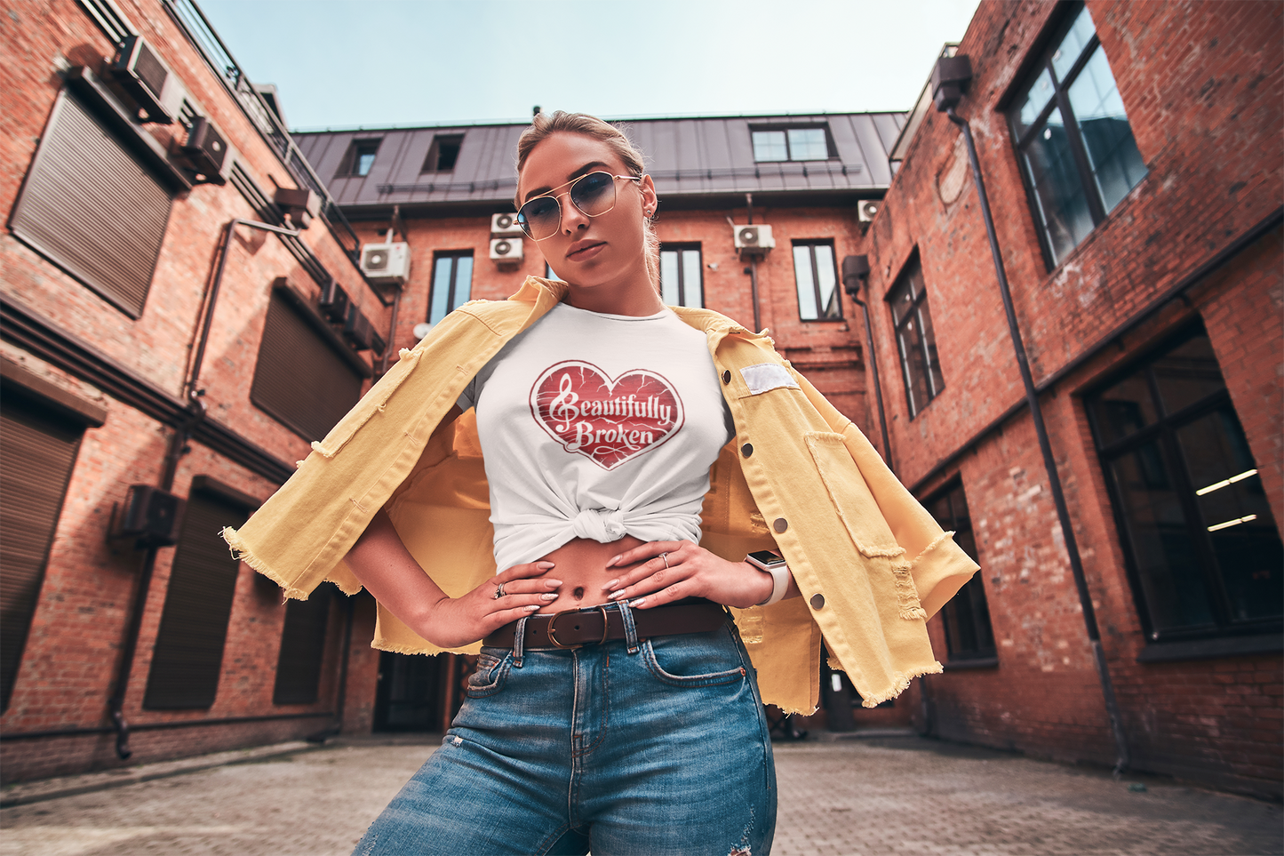 Beautifully Broken Women's Crop Tee, Casual Wear, Gift for Her, Summer Essential, Inspirational Fashion, Heart Graphics